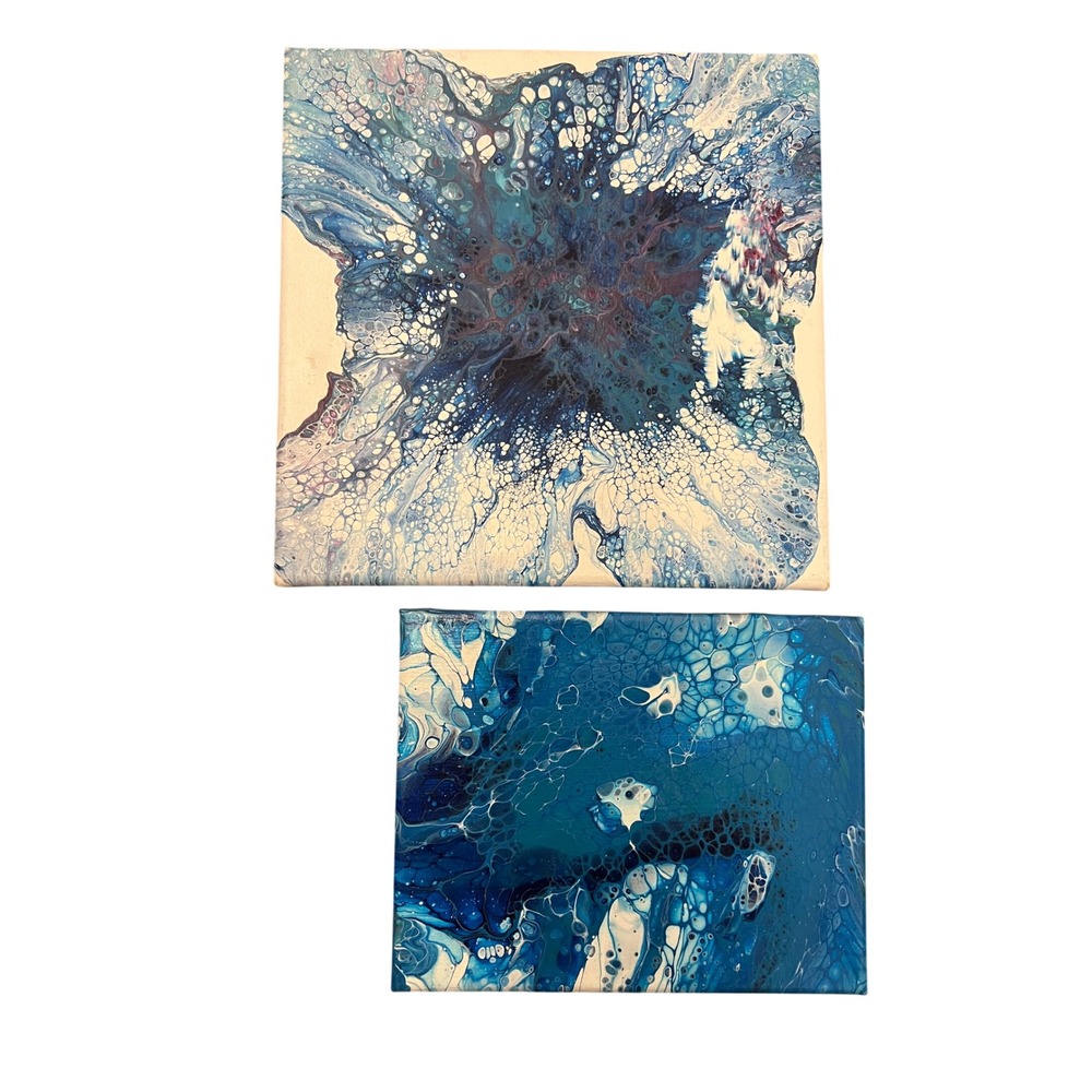 Set of 2 Abstract Acrylic Pour Paintings Blue White‎ Fluid Art Stretched Canvas